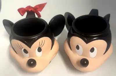 Vintage Pair Of Applause Disney  Mickey And Minnie Mouse Head Plastic Mugs NEW • $24.99