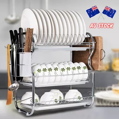 3 Tier Dish Rack Cutlery Drainer Drying Tray Holder Kitchen Bowl Storage Basket • $37.95