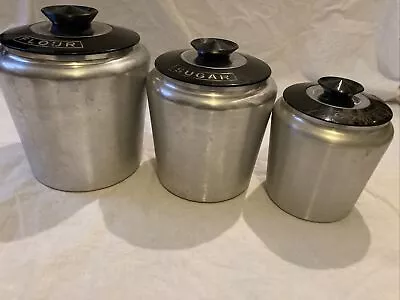 VINTAGE MCM Kromex SPUN ALUMINUM CANISTER SET Flour Sugar Coffee • $42.99