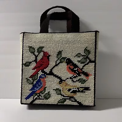 Vtg Plastic Canvas Needle Point Tote  Bag Purse Birds  Handmade 70s Cottagecore • $19.49