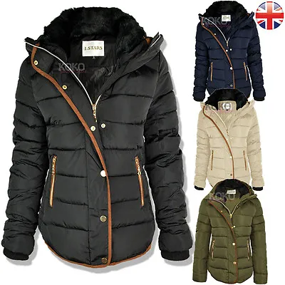 Womens Ladies Quilted Winter Coat Puffer Fur Collar Hooded Jacket Parka Size New • £32.99