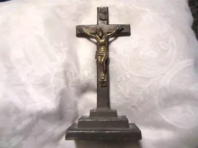 Old USA Metal Standing Crucifix Cross &  Jesus Statue Figurine • $145