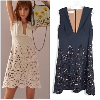 Stella McCartney Eyelet Dress Womens Sz 44 US 8-10 M Deep V-Neck Sleeveless Navy • $89