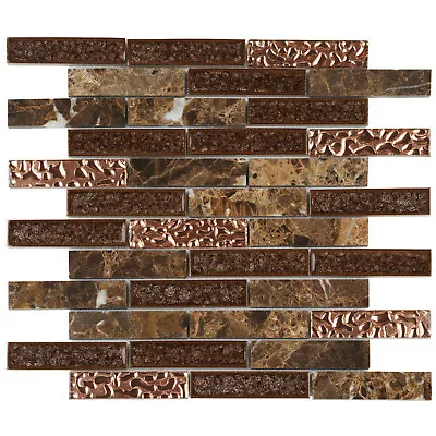 Brown Marble Mosaic Tile Rose Gold Crackle Glass Brick Joint Kitchen Backsplash • $124.75