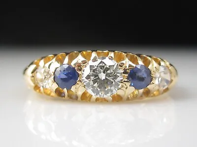 Diamond Sapphire Ring Vintage Estate 18K Yellow Gold Old Mine Cut Deco Retro • $750