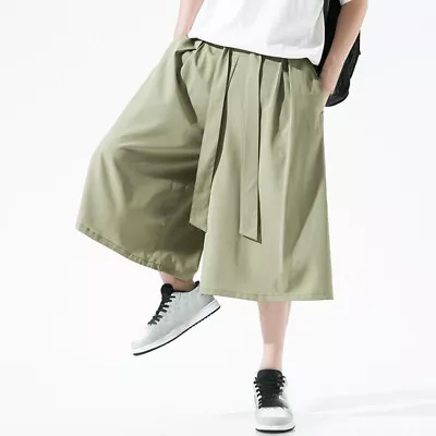 Men's Baggy Wide Leg Short Pants Chinese Style Cropped Trousers Casual Shorts • $34.99