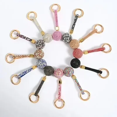 Leather Strap Rhinestone Ball Key Chain Pendant Charm Crystal Purse Bag Car Ring • $12.35