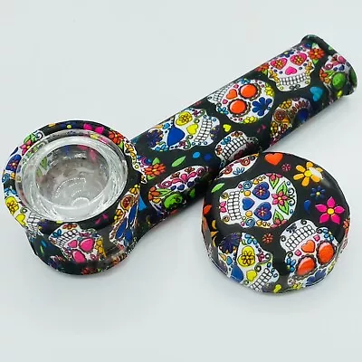$7.99 • Buy Silicone Smoking Pipe With Glass Bowl & Cap Lid | Sugar Skulls