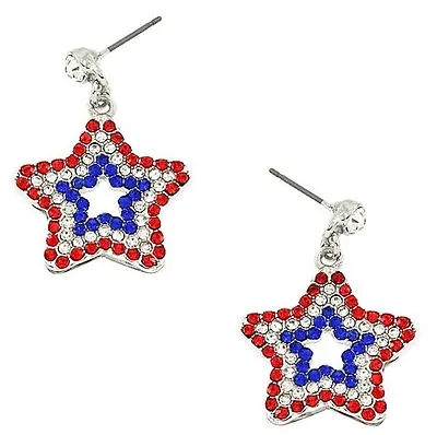 Patriotic 4th Of July Red White & Blue Star Rhinestone Dangle Pierced Earrings • $8.25