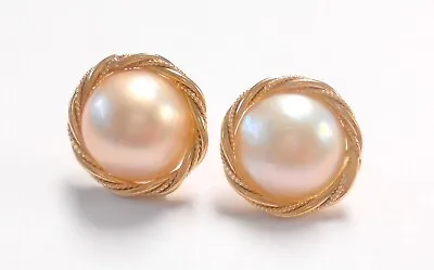 Gorgeous 14mm Mabe Pearl Rope Frame 14K Yellow Gold Button Style Post Earrings • $225