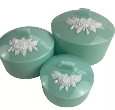 Vintage 1950's Schwarz Bros Blue Green Plastic Vanity Set Powder Boxes Original • $89.99