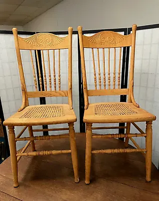 SALE -PAIR ANTIQUE OAK PRESSED BACK CHAIRS HAND CANE Local Pickup NORTH CAROLINA • $159