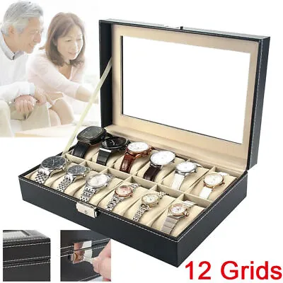 Mens 12 Grids Pu Leather Wrist Watch Display Case Collection Storage Holder Box • £10.99