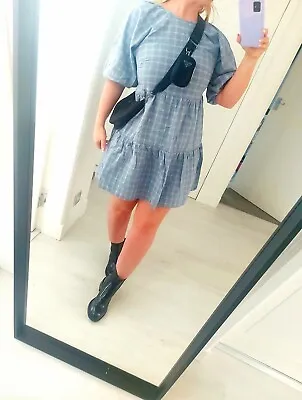 Primark Blue Check Frill Puff Sleeve Skater Dress Autumn Winter S 8 Casual Day • £9.99