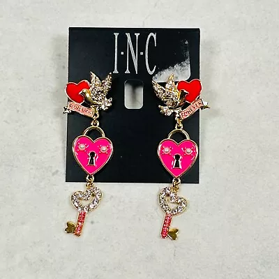 INC Earrings Dangle Heart Key Lock Pink Enamel Rhinestone Dangle Valentines Day • $14.95