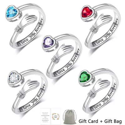 925 Sterling Silver Hug Rings Love Heart Cubic Zirconia Gift For Her Him Friends • £4.99