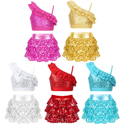 Girls Sequins Dance Clothes Sparkle Hip Hop Jazz Latin Outfit Crop Top And Skirt • £4.59