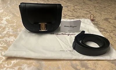 NEW Salvatore Ferragamo Vara Bow Black Leather Flap Waist Belt Bag Gold Bow • $929.14