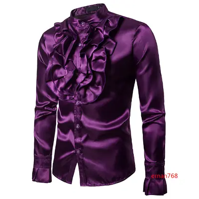 Faux Silk Satin Shirt Chemise Men's Wedding Groom Tuxedo Dress Shirt Ruffle Tops • $23.91