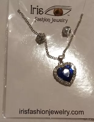 Iris Fashion Jewelry Blue Heart Necklace And Clear Earrings • $7.99