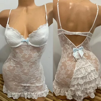 Vintage Slip Dress Victorias Secret White Lace Y2k Ruffle Rear  Nighty 34b • $10.50