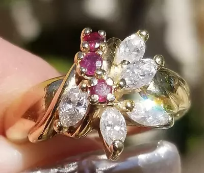 Gorgeous Vintage Marquise Diamond Ruby Cluster 14k Yellow Gold Ring • $455