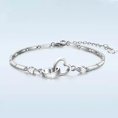 925 Solid Sterling Silver Heart Charm Bracelet Bangle Womens Girls Gift UK • £5.89