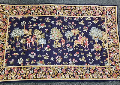 Vintage French Jaquar Tapestry Hunting  Medieval Wall Art Floral Border 7 Ft. • $250