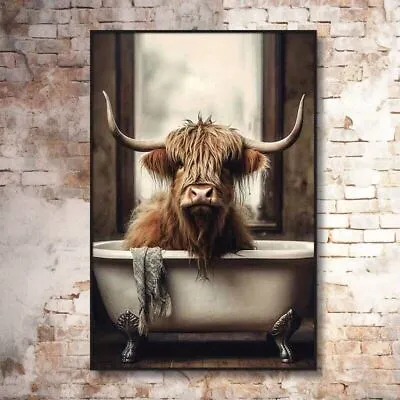 Highland Cow Canvas Colourful Painting Style Print Animal Wall Art Decor • £19