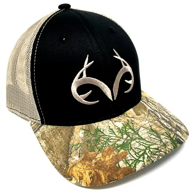 Realtree Antler Logo Black Camo Mesh Trucker Snapback Hat Cap Hunting Outdoor • $12.95