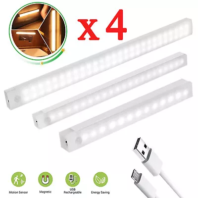 £4.86 • Buy 4X Rechargeable LED PIR Motion Sensor Light Strip Wireless Cabinet Closet Lamp