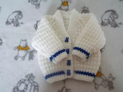 Hand Knit White & Royal Blue Baby Cardigan Baby Girl Or Boy Newborn • £9.95