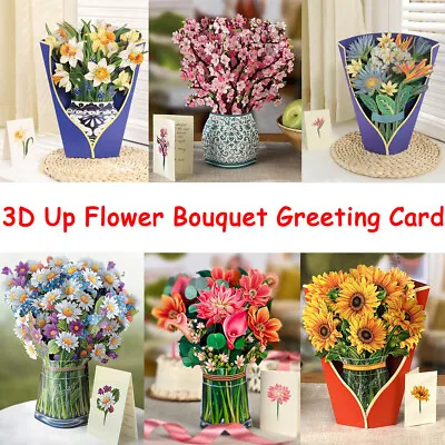 3D Pop Up Flower Greeting Cards Multi-Style Bouquet Birthday Card Postcard Gifts • £2.99