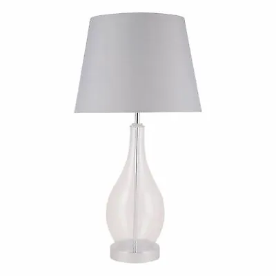 £24.99 • Buy Large Modern 56cm Table Lamp Bedside Light Clear Glass With Grey Fabric Shade