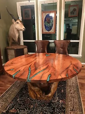 Mesquite Dining Table With Natural Stump Base Inlayed With Genuine Turquoise  • $6200