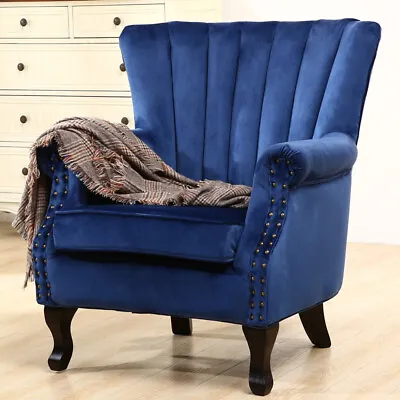 Velvet Wing Chair High Back Furniture Queen Anne Chesterfield Armchair Antique • £189.95