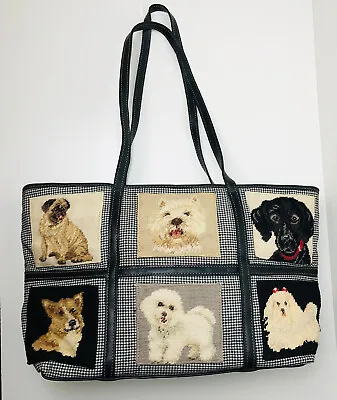 VTG Clever Carriage Dog Needlepoint Bag Black White Checkered Leather Tote Purse • $92