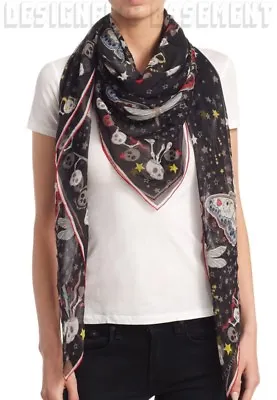 ALEXANDER MCQUEEN Blk Butterfly PARTY SKULL Silk Chiffon 52  Scarf NWT Auth $385 • $376.11