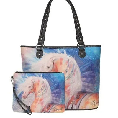 MONTANA WEST Horse Graphic Canvas Shoulder Tote & Wristlet Set NWT • $50