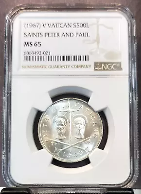 1967 Vatican Silver 500 Lire Saints Peter & Paul Ngc Ms 65 Bright Gem Coin • $74.95