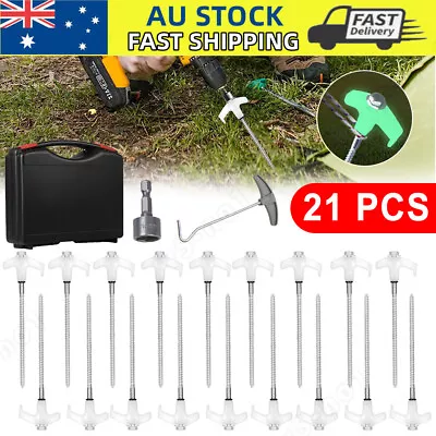 21x Camping Tent Pegs Screw Steel In Ground Camping Outdoor Stakes+Hex Drill Bit • $13.99