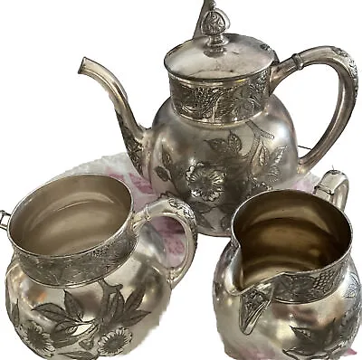 ANTIQUE PAIRPONT TEA SET QUadruple Plate Teapot Creamer Sugar • $60