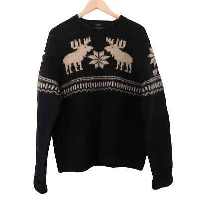ABERCROMBIE & FITCH Mens XL 100% Wool Handknit Fair Isle Moose Sweater Navy • $62.99