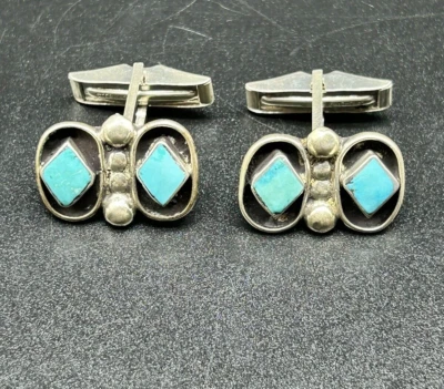 £43.05 • Buy Vintage Native American Sterling Silver Turquoise Men's Cuff Links Hand-signed