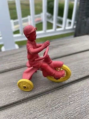 1950's Boy Riding Vintage Vinyl Rubber Auburn Red Tricycle With Yellow Wheels • $29.99