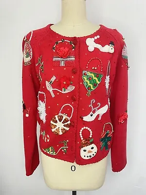 Vintage Michael Simon Christmas Cardigan Sweater Purses Shoes Snowman Reindeer S • $128.98