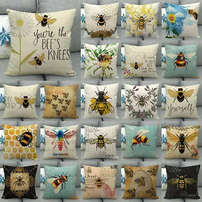 Bee Happy Kind Throw Pillow Covers Rustic Wooden Honey Insect Linen Cushion Case • £4.03