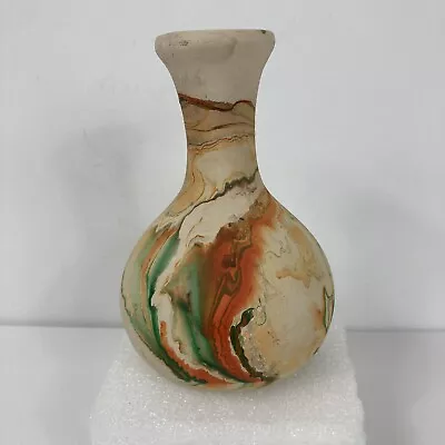Nemadji Pottery Bud Base 6.5  Tall Green Orange Swirl Vintage Art USA Earth Clay • $34.99
