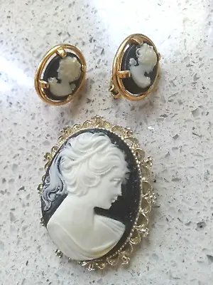 Vtg CAMEO Earrings & Brooch SET Gold Pendant PIN / CLIP EARRINGS 1960's RARE  • £9.73