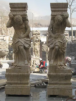 Pair Of Hand Carved Travertine Male Figural Columns 106  • $11500